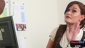 Office voyeur babe teases black cock man till cumshot