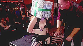 Public BDSM slut sits on toy but have no permission to cum